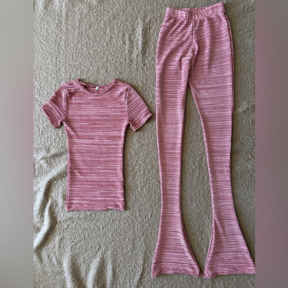 Ribbed Pink Two-Piece Set - Short Sleeve Top & Flared Leggings